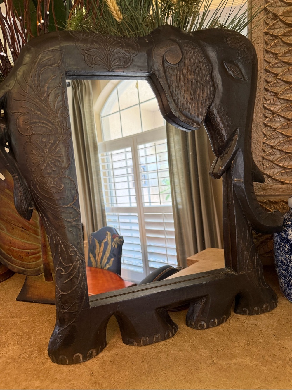 Vintage Large Hand-Carved Wood Elephant Wall Mirror - Made in India